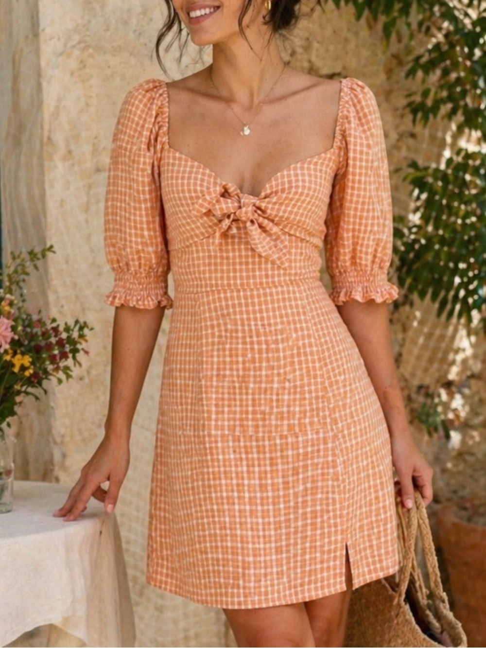 Altar'd State Apricot Gingham Puff-Sleeve Tie-Front Mini Dress Size Small - Picture 2 of 10